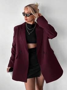 SHEIN PETITE 女款休閒寬鬆加厚肩墊中長版雙排扣西裝外套，適合嬌小女性 - 酒紅色 - 查看 3
