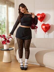 SHEIN EZwear 2026春夏新款情人节休闲外出、派对、约会、生日、音乐节、通勤，心形提花，高弹网纱透视，黑色紧身打底裤，大码 - 黑色 - 查看 5