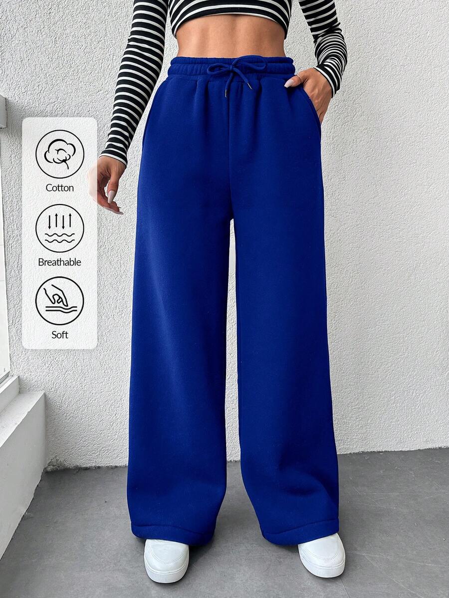 EURMUSE Women's Solid Color Drawstring Waist Wide Leg Pants - Royal Blue - View 1