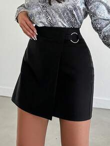 SHEIN 娇小码女式纯色裹身裙 - 黑色 - 查看 3