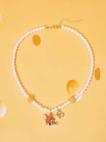 TOM & JERRY X SHEIN 1pc Cute Mouse Zinc Alloy Rhinestone Inlaid Necklace, Luxury Niche, Exquisite And Elegant, Casual And Fashionable, Suitable For Various Parties, Concerts, Festivals - Gold - View 2