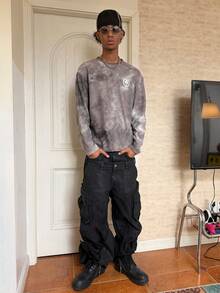 Manfinity Roghcode Men's Distressed Waffle Fabric, Tie-Dye Effect, Letter Print Long Sleeve T-Shirt, Youthful Streetwear, Fashionable Men S Sweatshirts Acid Wash Hoodie Tie Dye Shirt Men S Long Sleeve Grey Sweater Men Men Long Sleeve Knit - Black - View 4