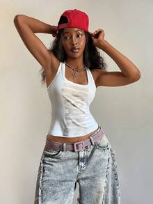 StreetHx Women's U-Neck White Distressed Print Fitted Comfortable Streetwear Y2K Baddie Sexy Camisole Top, Spring/Summer - White - View 4