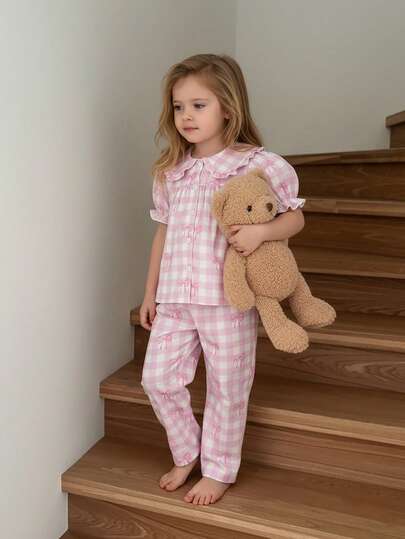 SHEIN 2pcs Girls Butterfly & Plaid Print Set, Peter Pan Collar Ruffle Trim Short Sleeve Top & Pants, Stretchy & Soft Fabric, Ideal For Casual Wear