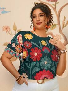 Travachic Áo kiểu nữ cỡ lớn in họa tiết nhiệt đới, dáng rộng, tay ngắn, thoải mái. - Màu xanh lá cây đậm - Xem 3