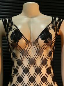 Sexy Lingerie Women Hollow Bodystocking Mesh Underwear Crotchless Fishnet Full Erotic Clothes Tights Bodysuit Off Shoulders Stockingsfor Club, Night Out, Dates, Shows, Wedding Night – Cheeky Stockings & Tights,Includes A Pair Of Leather Heart-Shaped Nipple Covers See Through Dress Long Lingerie Dress Fishnet Body Suit Fishnet Dress - Black - View 3