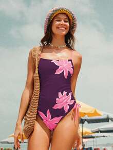 Swim Mod Women's Fresh Style Solid Light Yellow Graphic Print Adjustable Strap Side Drawstring One-Piece Swimsuit, Summer Beach Outfit - Multicolor - View 3