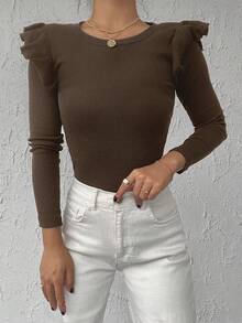 EURMUSE T-shirt à volants en tricot côtelé 95% coton - Tabac - Voir 6