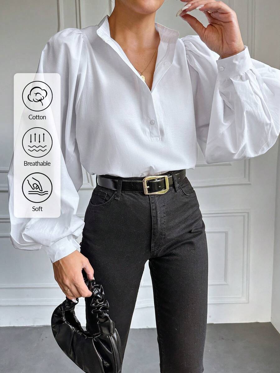 EURMUSE Button Front Half Placket Puff Sleeve Women's Shirt - White - View 1