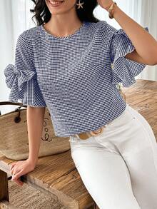 Louniche 女士休闲格子蝴蝶结装饰衬衫，夏季 - 藏蓝色 - 查看 3