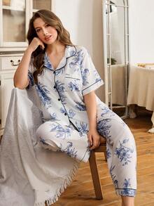 Serenescape Floral bedruckter Kontrast-Saum Kragen Knopf Vorderseite Pyjama Set, Damen Pyjama Set, Damen Sommer Pyjama Set, Knopf Pyjama Set, Blau Floral Pyjama Set - Verschiedenfarbig - Übersicht 3