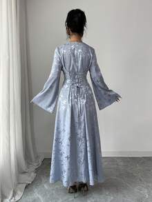 Yasmyna 女士优雅褶裥腰身A字长袖阿拉伯风格连衣裙，蓝色，秋冬款 - 藍色 - 查看 6