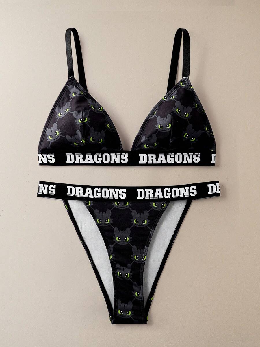 How to Train Your Dragon Women Cartoon Graphic Letter Tape Trim Low Back Bra And Panty Set - Black - View 1