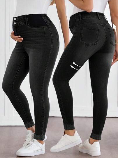 SHEIN Pregnant Women Button Waist Design Skinny Casual Versatile Jeans