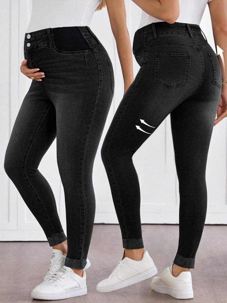 SHEIN 孕妇纽扣腰设计修身休闲百搭牛仔裤 - 黑色 - 查看 1