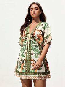 Maija 大码女式植物印花前系带蝙蝠袖休闲连衣裙 - 彩色 - 查看 5