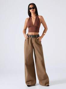 LYSMO Solid Backless Crop Halter Top - Chocolate Brown - View 4