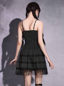 ROMWE Đầm slip mỏng kẻ sọc phối ren, kiểu dáng Gothic lãng mạn, buộc dây, phối lưới dành cho nữ. - màu đen - Xem 7