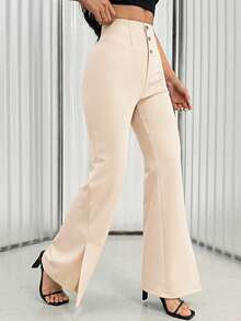 SHEIN Unity Women's Casual High Waist Split Hem Solid Color Pants - Apricot - View 4