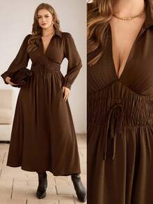 Flirla Đầm maxi dài tay dáng rộng dành cho nữ, kiểu dáng thanh lịch, thắt eo nơ, phong cách retro Pháp tinh tế, phù hợp cho công sở, tiệc tùng, Giáng sinh, Lễ Tạ ơn, Năm mới, mùa thu/đông. - Cà phê nâu - Xem 9