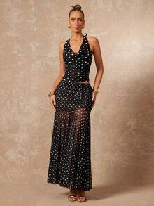 Lumalex Váy maxi ôm sát eo thấp, cổ khoét sâu, chất liệu lưới, họa tiết chấm bi. - Đen và trắng - Xem 3