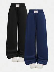 SHEIN 2件装少女休闲纯色蓝黑拼接宽松阔腿裤，黑色+粉色，休闲风格，返校季 - 藏蓝色 - 查看 2