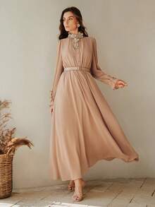 Anewsta Đầm nữ lãng mạn, thanh lịch với họa tiết hoa 3D, thắt eo. - Màu Khaki - Xem 7