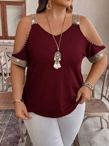 Breezaya 大码女式夏季宽松露肩短袖T恤，条纹编织图案T恤，女式上衣 - 酒紅色 - 查看 1
