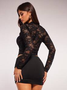 Radiana Women's Sexy Elegant Black Lace Blouse, Sheer Lace Top, Cropped Top, Long Sleeve Top, Black Cardigan,Spring To Summer, - Black - View 3