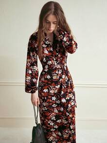 Écloséra French-Style Black Floral Women's Shirt Dress,Autumn Ellegant Tea Party V-Neck Long-Sleeved Waist-Cinching Dress With Tie Belt,Casual Vacationing Wear - Brown - View 4