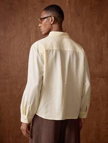 AKNOTIC 男士翻领单排扣条纹针织休闲/商务长袖衬衫 - 淡黃色 - 查看 7