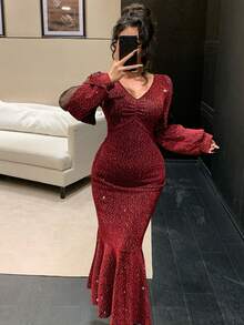 DAZY Robe de soirée élégante de haute qualité style sirène à col en V pour femmes, Jour de la Saint-Valentin - Rouge - Voir 5