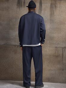 AXEPEAK 男士休闲通勤条纹衬衫和裤子套装 - 藍色 - 查看 3