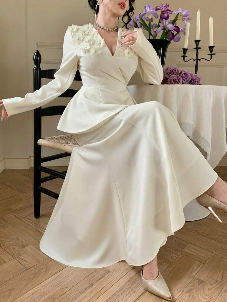 Women's V-Neck Tie Floral Decor & Fish Tail Hem Skirt Elegant 2-Piece Set