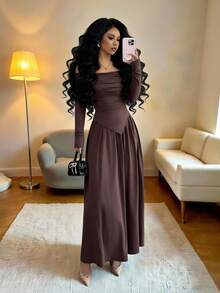 Elenzga 一套女士露肩长袖不对称上衣和半裙休闲套装 - 棕色 - 查看 7