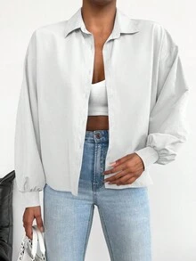 EURMUSE Camisa de algodón sólida con hombros caídos y corte oversize - Blanco - Ver 5