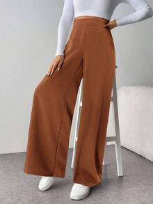 SHEIN Tall CURVE 大码女式简约休闲高腰纹理阔腿裤 - 卡其色 - 查看 5