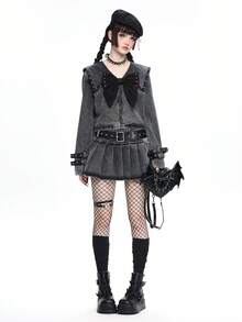 ROMWE Goth 暗黑哥特复古性感低腰迷你百褶牛仔裙 - 灰色 - 查看 1