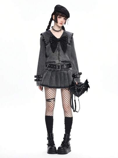 ROMWE Dark Gothic Vintage Sexy Low Waist Mini Pleated Denim Skirt