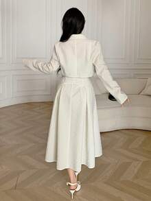 Feyla Women's Elegant Jacquard Shawl Neck Cropped Jacket And Waist-Cinched Camisole Dress 2-Piece Set, Spring/Autumn - Apricot - View 2