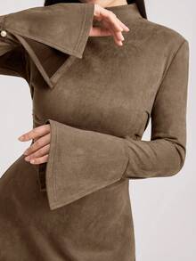 Veilorie 女士优雅简约纯色立领喇叭袖收腰连衣裙，秋季款 - 咖啡棕 - 查看 7