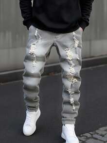 男童修身做旧牛仔裤，休闲浅灰色水洗牛仔布，松紧腰带，柔软舒适的棉质面料，时尚男童必备单品，适合日常穿着、拍照、外出、上学、通勤、派对等各种场合，新品上市 - 淺灰色 - 查看 1