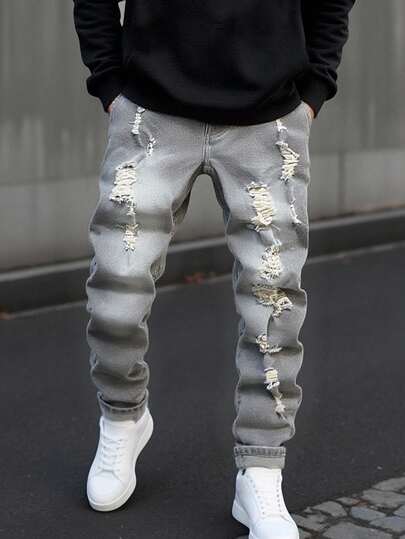 Tween Boys Distressed Slim Fit Jeans, Casual Ljusgrå Tvättad Denim, Resår i midjan, Mjukt och Bekvämt Bomullstyg, Moderiktigt För Snygga Pojkar, Mångsidig För Vardagskläder, Fotografering, Tillhåll, Skola, Pendling, Fest, Ny Inreda