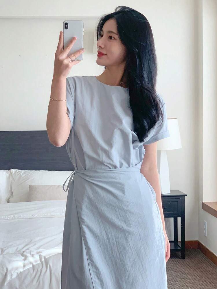Women's Casual Everyday Office Commute Solid Color Wrap Tie Waist Short Sleeve Dress, Summer Sundress