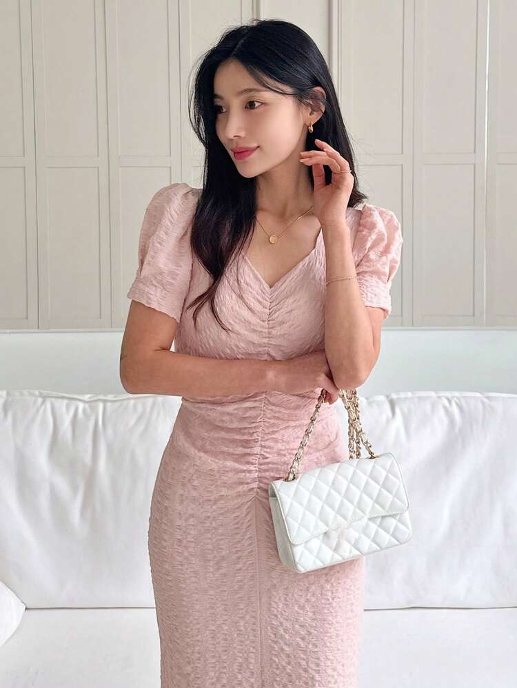 Women's V-Neck Fitted Waist Textured Mid-Length Dress Spring Summer Sundress
