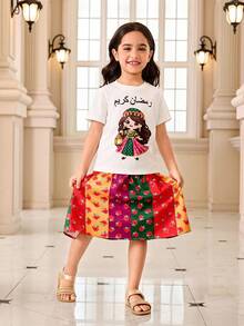 Girls' Cartoon Set, Fanus Lantern Print T-Shirt + Patchwork Floral Skirt, Adorable And Eye-Catching, Suitable For Middle Eastern Festivals, Candy Festivals, High-Quality Children's Clothing - Multicolor - View 3