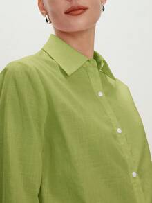 BizChic 春夏新款绿色翻领纽扣休闲衬衫，百搭易穿，适合办公室、社交场合，Y2K风格 - 綠色 - 查看 5