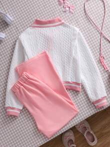 Tween Girls Casual Cute Fashion Textured Fabric Collegiate Style Navy Collar Knit 2 Pieces Set - Pink - View 2