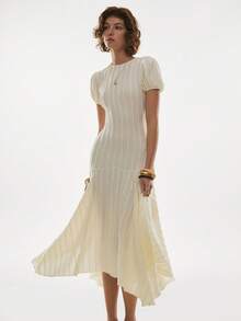 Poéselle 女士纯色简约日常圆领短袖连衣裙 - 杏色 - 查看 2