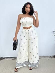 Alexandranx 女式度假撞色印花优雅休闲弹力修身褶皱上衣阔腿裤套装抹胸和裤子套装女式夏装女式两件套度假装女士度假两件套波西米亚风女装 - 米色 - 查看 1